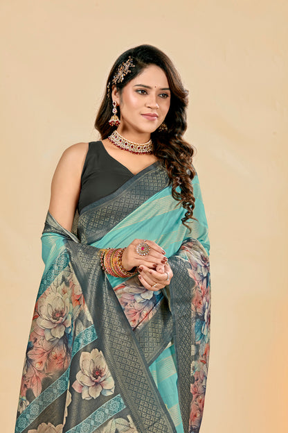 Malabar Multicolour Jacquard Saree with Elegant Digital Print 15. (8 Colours Available).