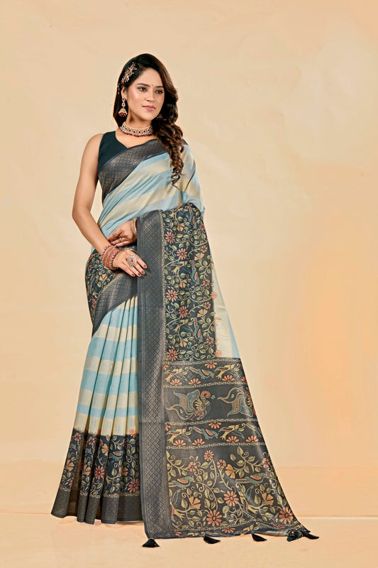 Malabar Multicolour Jacquard Saree with Elegant Digital Print 15. (8 Colours Available).