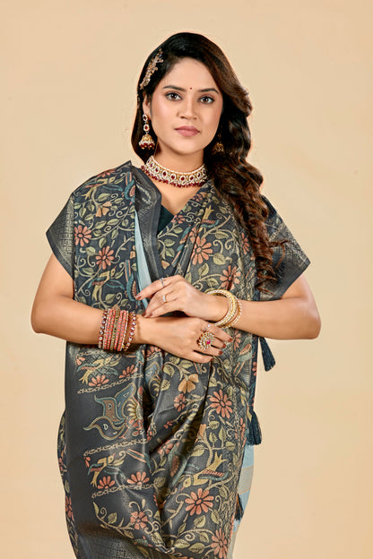 Malabar Multicolour Jacquard Saree with Elegant Digital Print 15. (8 Colours Available).