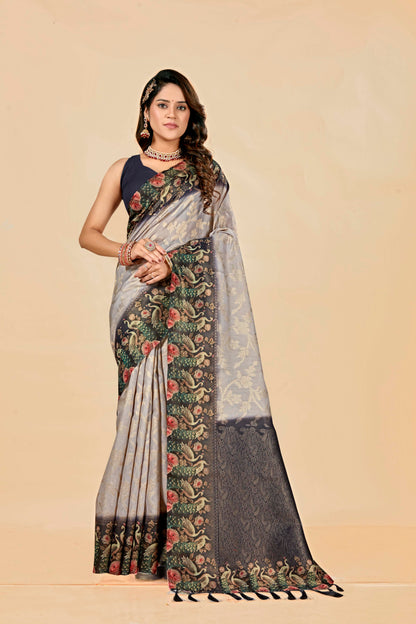 Malabar Multicolour Jacquard Saree with Elegant Digital Print 2 (8 Colours Available).