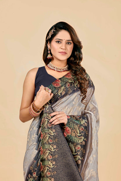 Malabar Multicolour Jacquard Saree with Elegant Digital Print 2 (8 Colours Available).