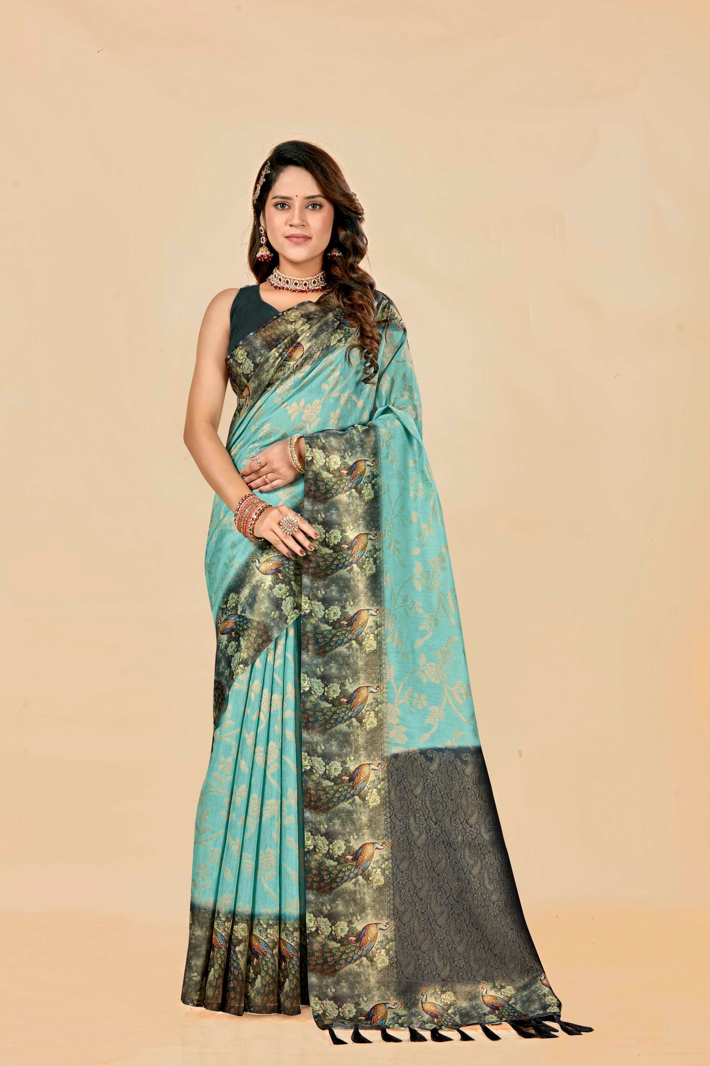 Malabar Multicolour Jacquard Saree with Elegant Digital Print 2 (8 Colours Available).