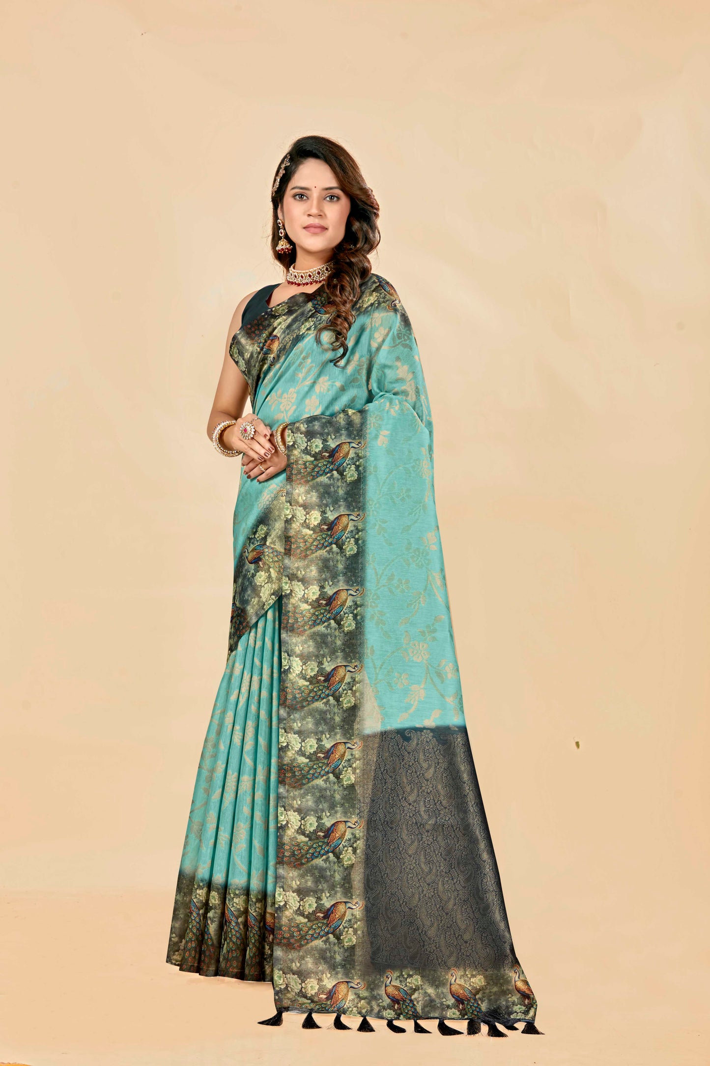 Malabar Multicolour Jacquard Saree with Elegant Digital Print 2 (8 Colours Available).