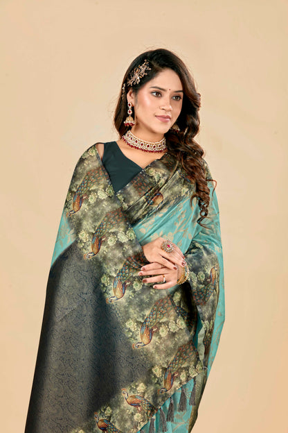 Malabar Multicolour Jacquard Saree with Elegant Digital Print 2 (8 Colours Available).