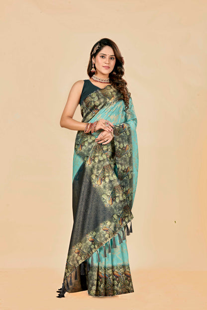 Malabar Multicolour Jacquard Saree with Elegant Digital Print 2 (8 Colours Available).