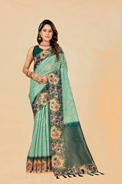 Malabar Multicolour Jacquard Saree with Elegant Digital Print 2 (8 Colours Available).