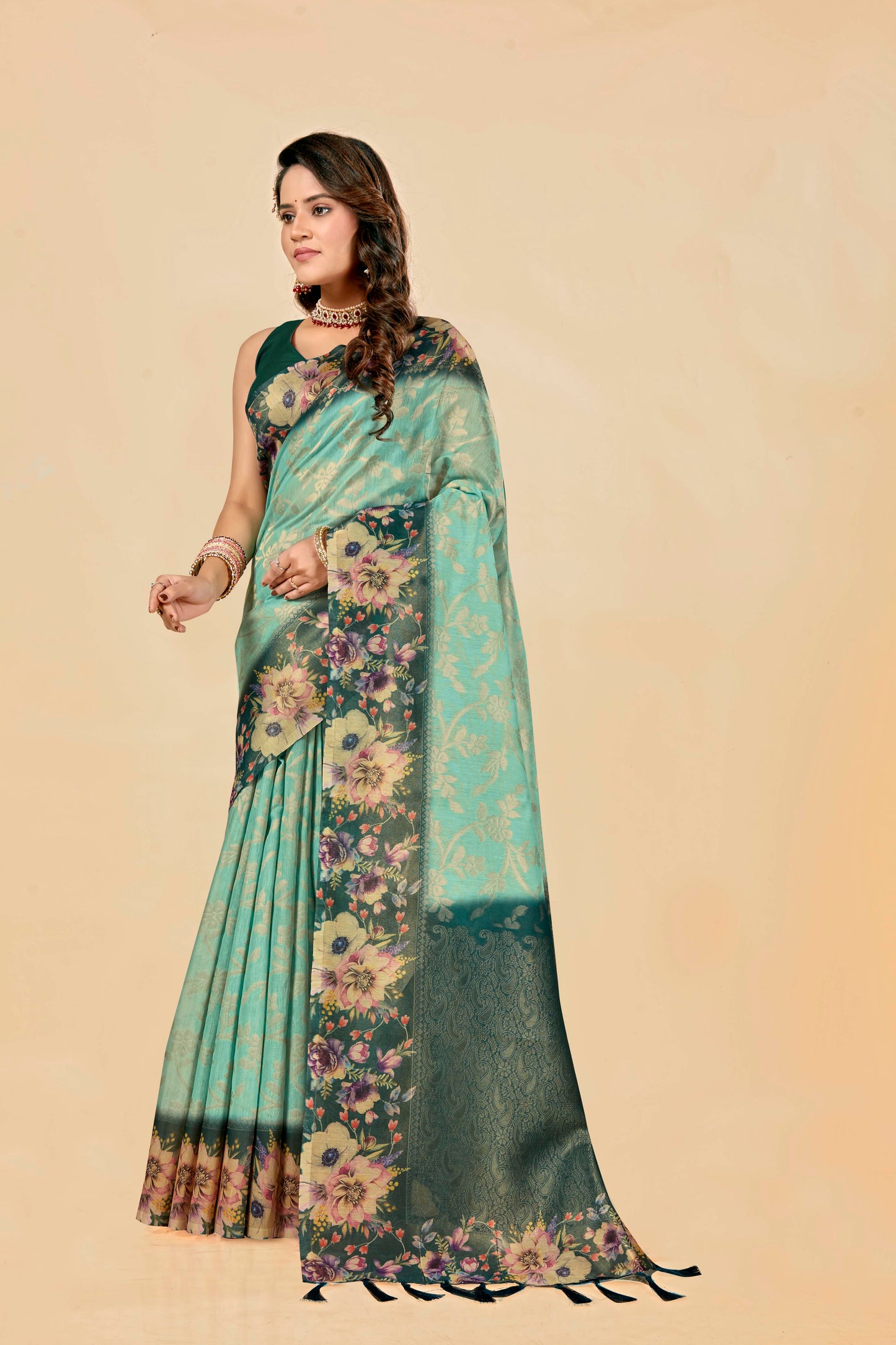 Malabar Multicolour Jacquard Saree with Elegant Digital Print 2 (8 Colours Available).