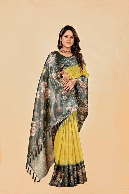 Malabar Multicolour Jacquard Saree with Elegant Digital Print 7(8 Colours Available).