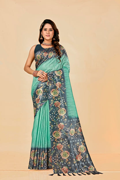 Malabar Multicolour Jacquard Saree with Elegant Digital Print 7(8 Colours Available).