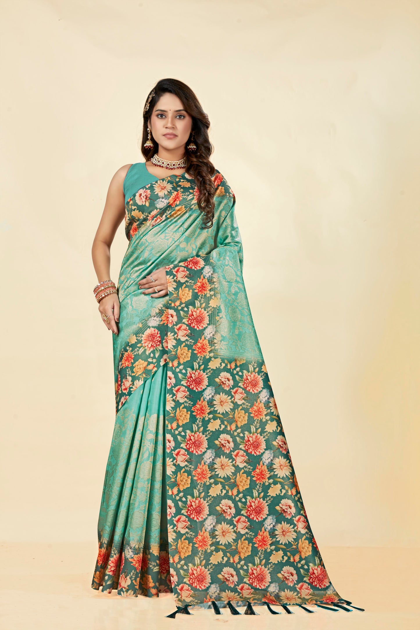 Malabar Multicolour Jacquard Saree with Elegant Digital Print 1.(8 Colours Available).