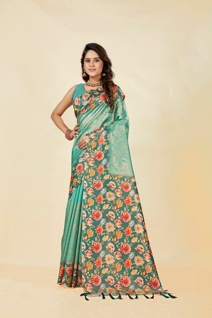 Malabar Multicolour Jacquard Saree with Elegant Digital Print 1.(8 Colours Available).