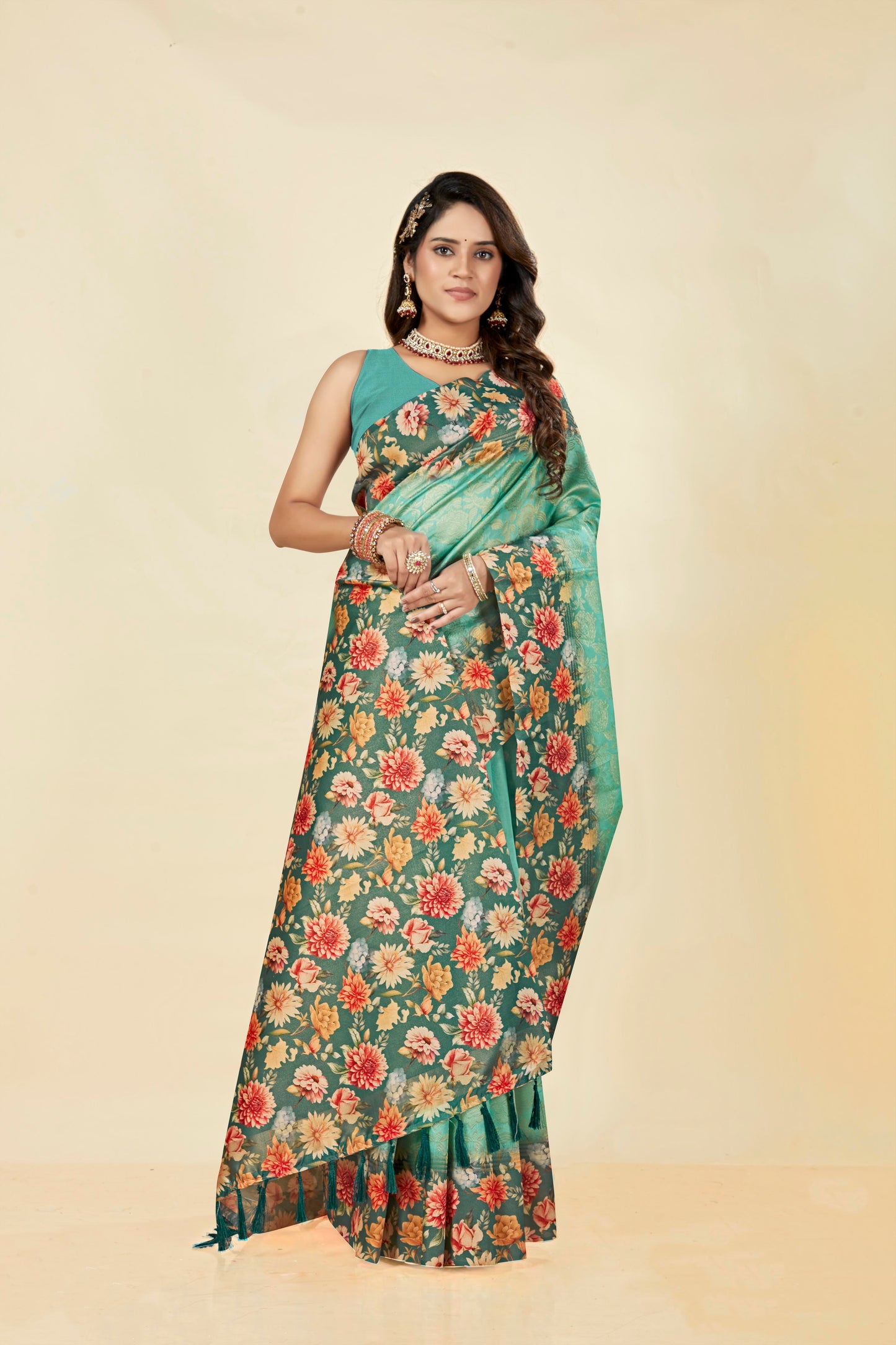 Malabar Multicolour Jacquard Saree with Elegant Digital Print 1.(8 Colours Available).