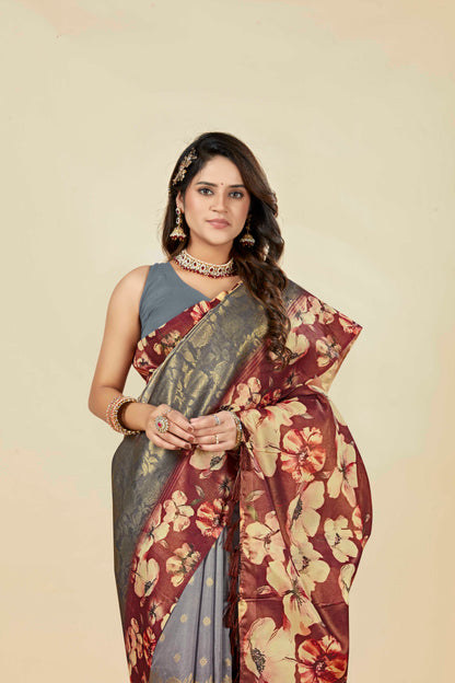 Malabar Multicolour Jacquard Saree with Elegant Digital Print 1.(8 Colours Available).