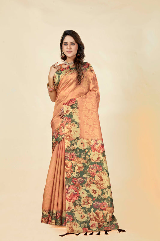 Malabar Multicolour Jacquard Saree with Elegant Digital Print 1.(8 Colours Available).