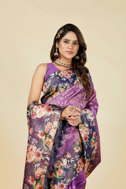 Malabar Multicolour Jacquard Saree with Elegant Digital Print 1.(8 Colours Available).