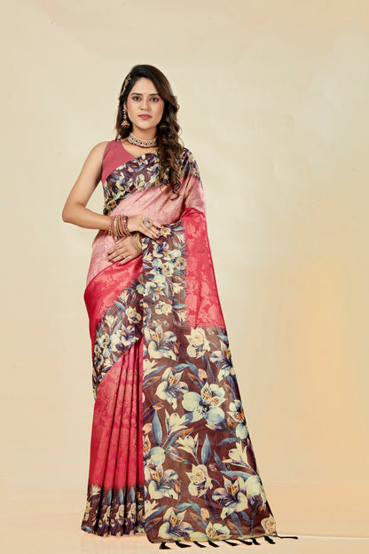 Malabar Multicolour Jacquard Saree with Elegant Digital Print 1.(8 Colours Available).