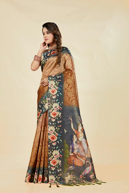 Malabar Multicolour Jacquard Saree with Elegant Digital Print 1.(8 Colours Available).