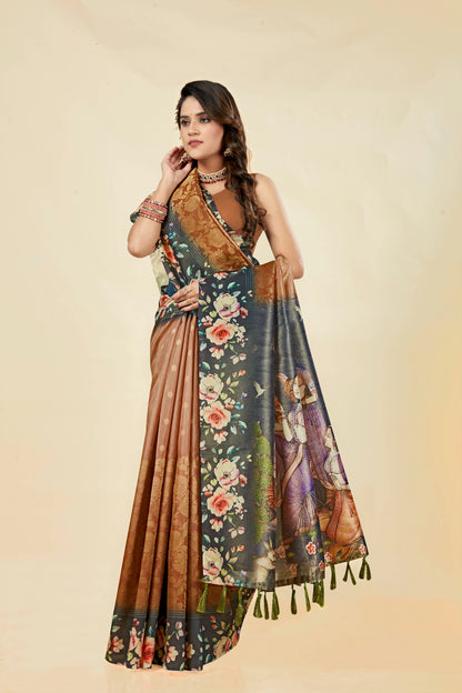 Malabar Multicolour Jacquard Saree with Elegant Digital Print 1.(8 Colours Available).