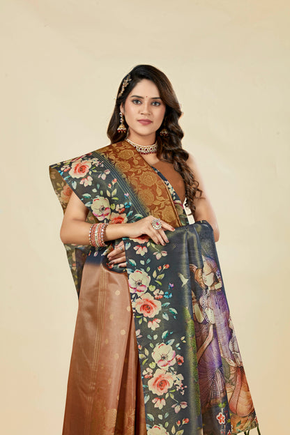 Malabar Multicolour Jacquard Saree with Elegant Digital Print 1.(8 Colours Available).