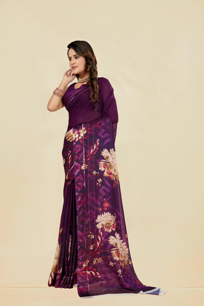 Vogue Multicolour Digital Printed Chiffon Saree With Elegant Design (8 Colours Available).