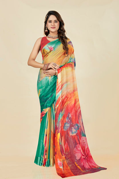 Vogue Multicolour Digital Printed Chiffon Saree With Elegant Design (8 Colours Available).