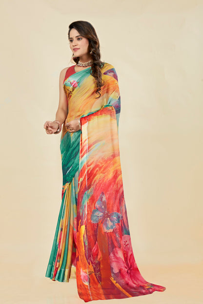 Vogue Multicolour Digital Printed Chiffon Saree With Elegant Design (8 Colours Available).