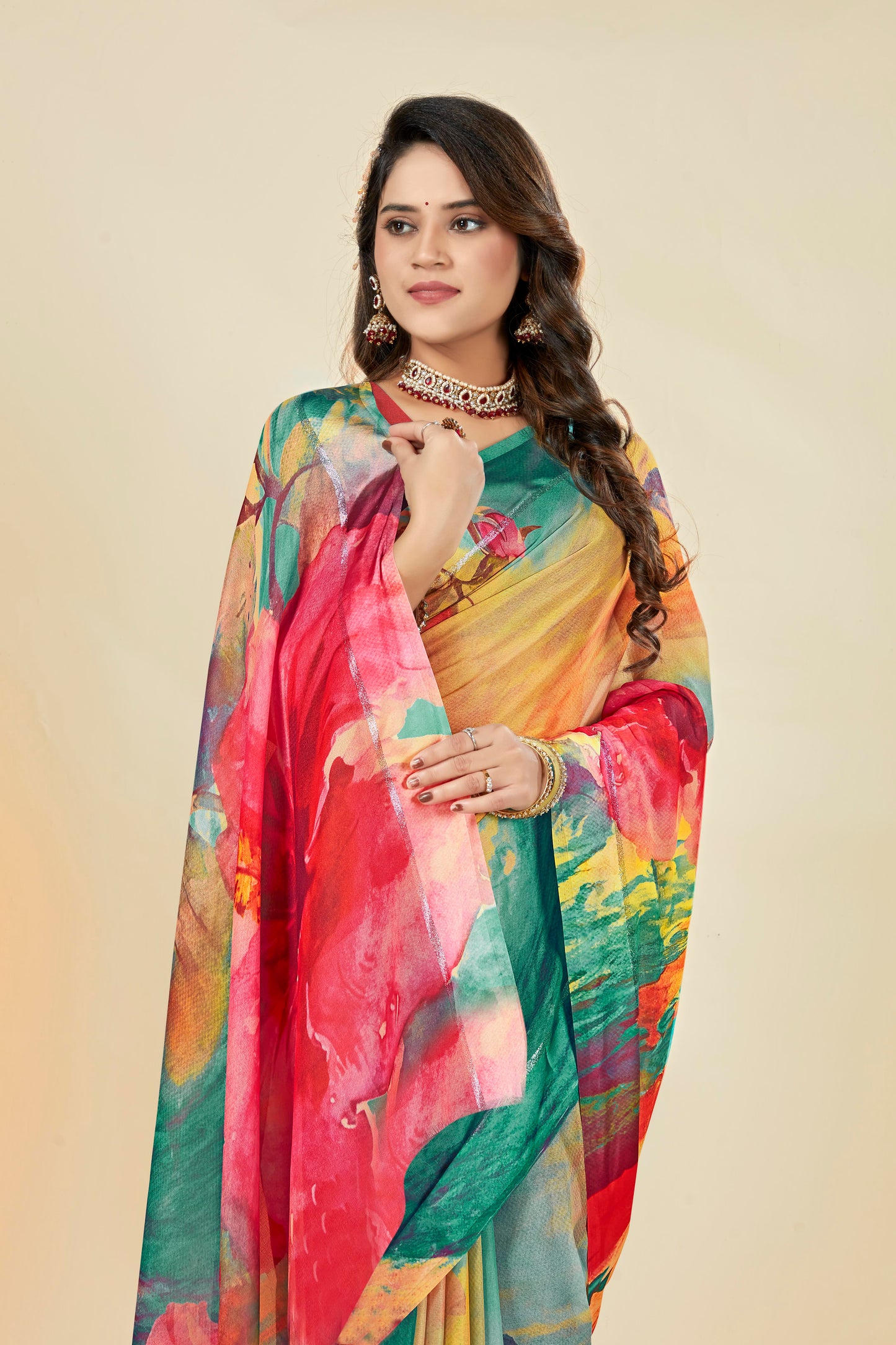 Vogue Multicolour Digital Printed Chiffon Saree With Elegant Design (8 Colours Available).