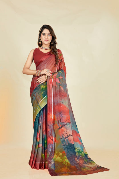 Vogue Multicolour Digital Printed Chiffon Saree With Elegant Design (8 Colours Available).