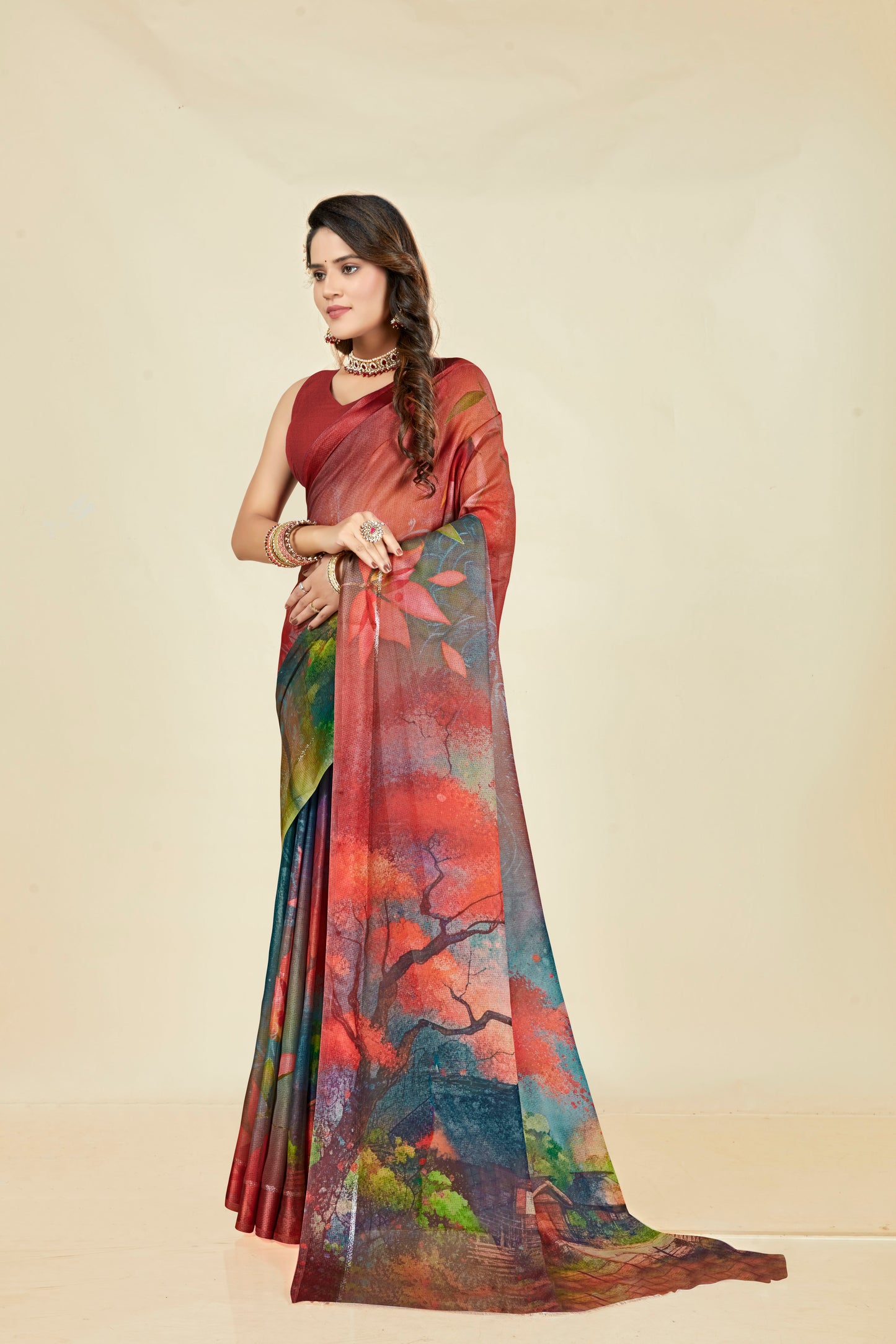 Vogue Multicolour Digital Printed Chiffon Saree With Elegant Design (8 Colours Available).