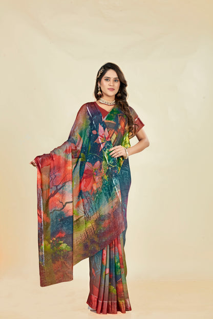 Vogue Multicolour Digital Printed Chiffon Saree With Elegant Design (8 Colours Available).