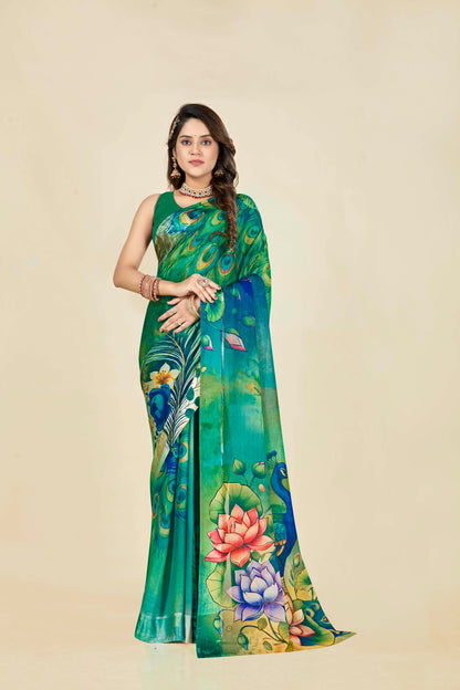 Vogue Multicolour Digital Printed Chiffon Saree With Elegant Design (8 Colours Available).