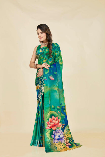 Vogue Multicolour Digital Printed Chiffon Saree With Elegant Design (8 Colours Available).