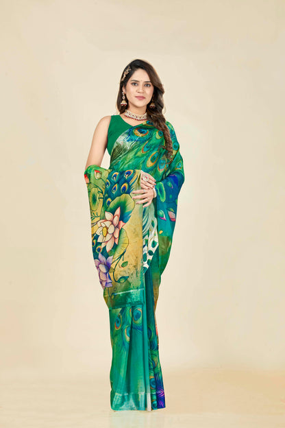 Vogue Multicolour Digital Printed Chiffon Saree With Elegant Design (8 Colours Available).