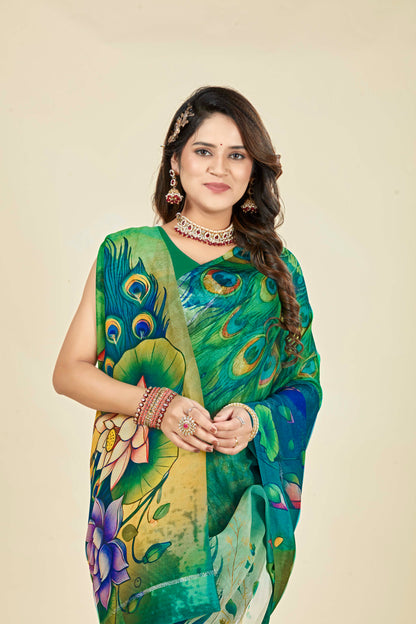 Vogue Multicolour Digital Printed Chiffon Saree With Elegant Design (8 Colours Available).