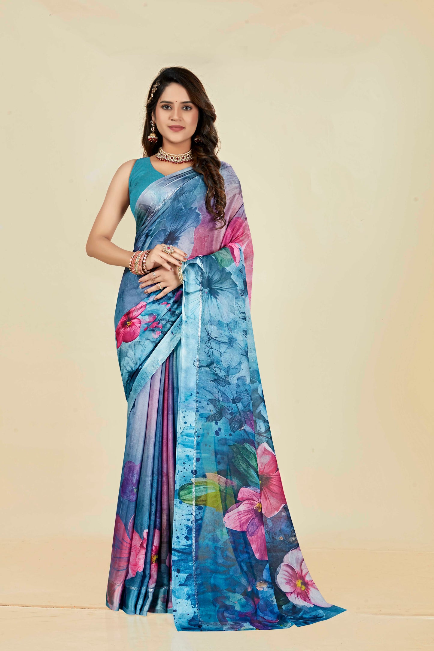 Vogue Multicolour Digital Printed Chiffon Saree With Elegant Design (8 Colours Available).