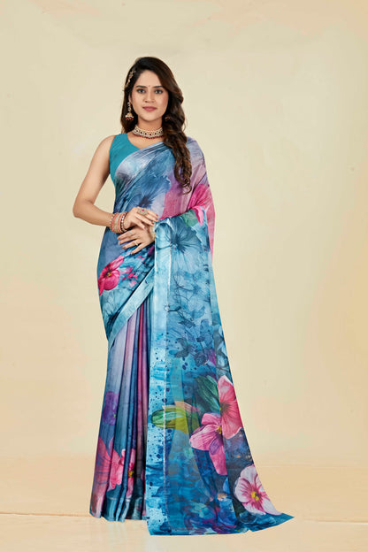 Vogue Multicolour Digital Printed Chiffon Saree With Elegant Design (8 Colours Available).