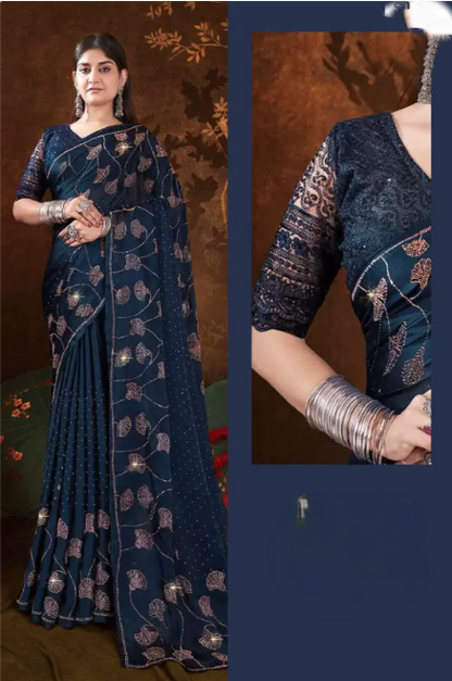 Copper Swaroski Satin Navy Blue Saree with Copper Swaroski Stone Work.