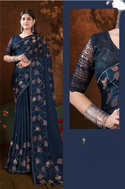 Copper Swaroski Satin Navy Blue Saree with Copper Swaroski Stone Work.