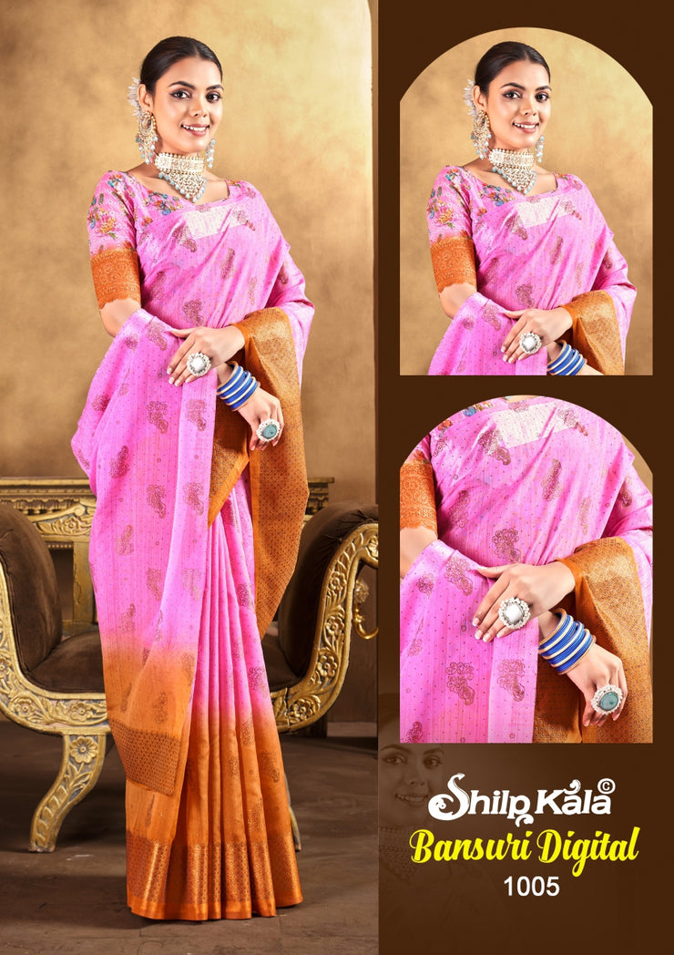 Bansuri Multicolor Saree with Digital Printed Blouse and Padding Concept (8 Colours Available).