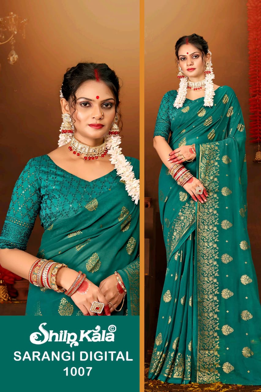 Sarangi Multicolor Georgette Saree with Chanderi Blouse and Tone to Tone Matching.