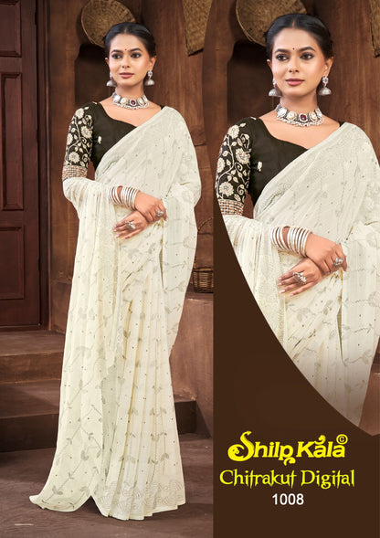 Chitrakut Mutliolor Chiffon Saree with Contrast Matching and Hand Word Blouse