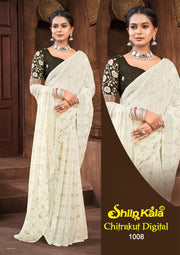 Chitrakut Mutliolor Chiffon Saree with Contrast Matching and Hand Word Blouse (8 Colours Available)