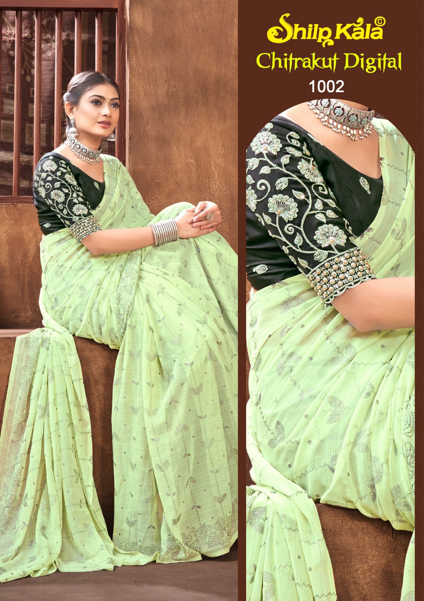 Chitrakut Mutliolor Chiffon Saree with Contrast Matching and Hand Word Blouse