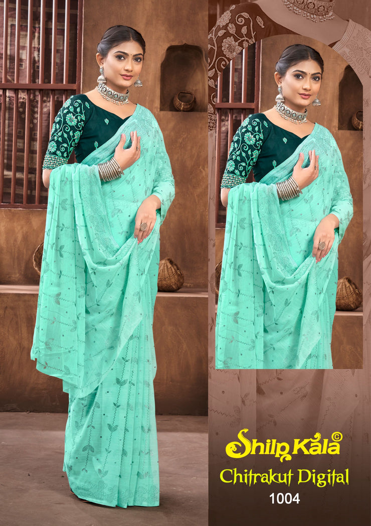 Chitrakut Mutliolor Chiffon Saree with Contrast Matching and Hand Word Blouse (8 Colours Available)