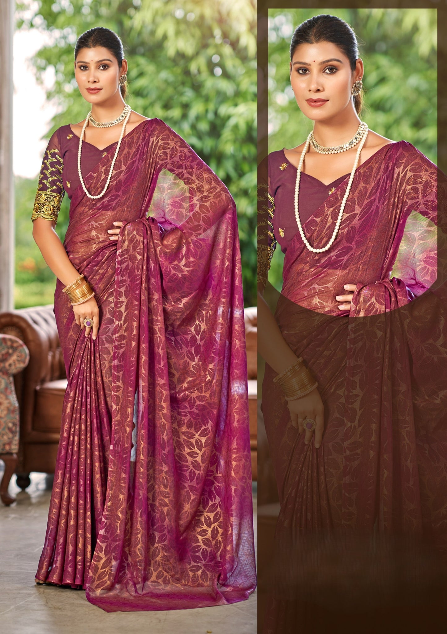 Decent Multicolour Georgette Saree with Leaf Print (8 Colours Available).