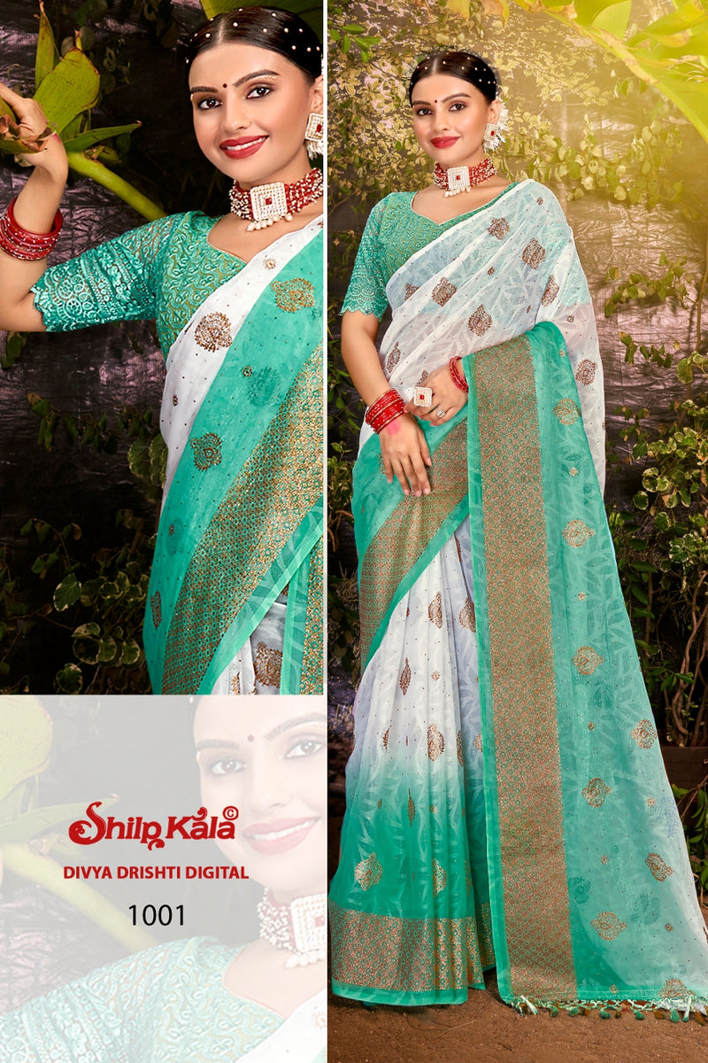 Divya Drishti Simmer Chiffon Saree with Emboss Print and Gold Foil Printing (8 Colours Available)