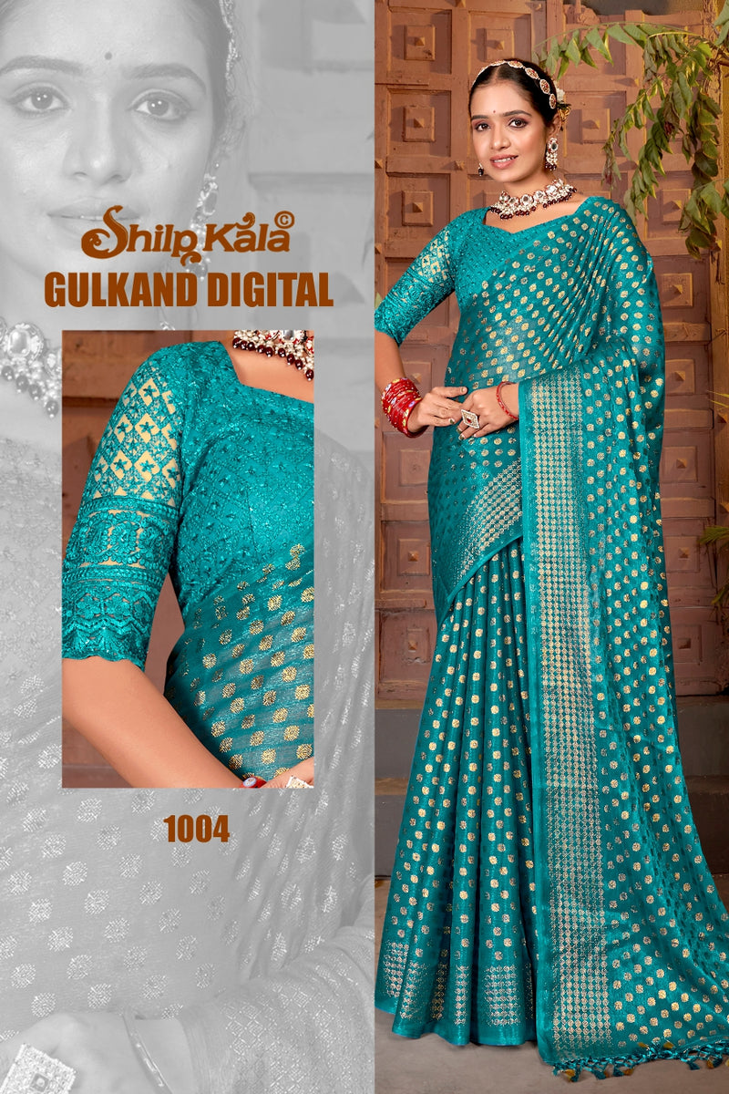 Gulkand Multicolor Satin Chiffon Saree with Net Blouse (8 Colours Available)