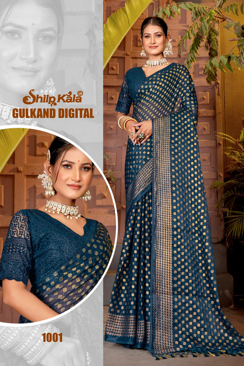 Gulkand Multicolor Satin Chiffon Saree with Net Blouse (8 Colours Available)