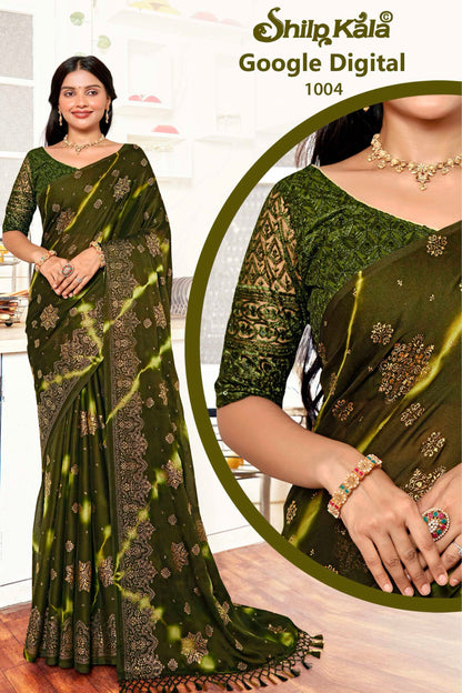 Google Multicolour Moss Chiffon Saree with Tone to Tone Matching. (8 Colours Available)