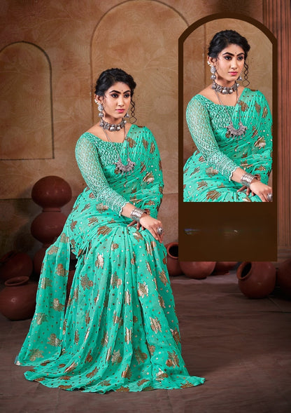 Gorgeous Sea Green Georgette Saree with Foil Printing.